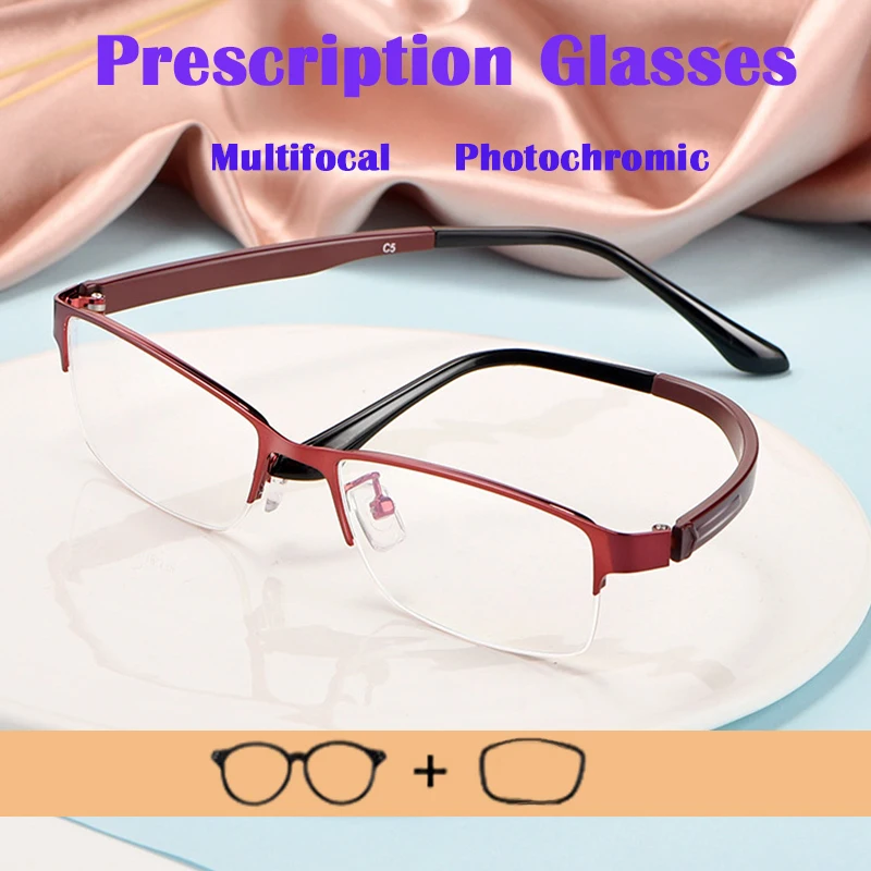 Prescription Custom Reading Glasses Myopia Glasses Women Photochromic Progressive Multifocal Astigmatism Eyeglasses Half Rim Red