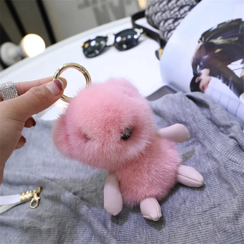 Women Genuine Soft Cute Mink Fur Bear Real Fur Ball keychain Hanging Bag Ornaments Pendant Plush Toys Doll Car Key Keyring Gift