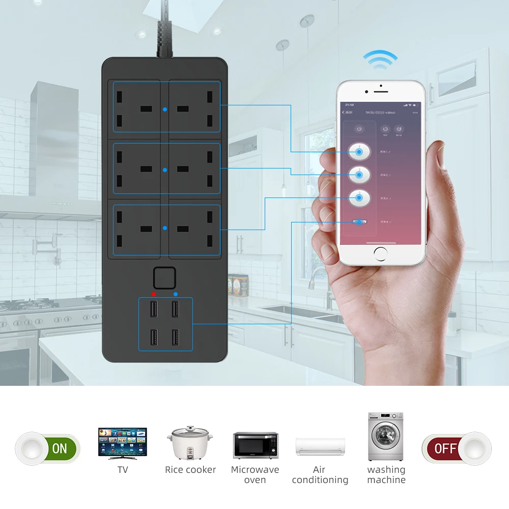 Smart Wifi  Power Strip 6 UK 4 USB Plug 5V3.1A Charging Port Timing Bluetooth Control with Alexa Google Home Assistant