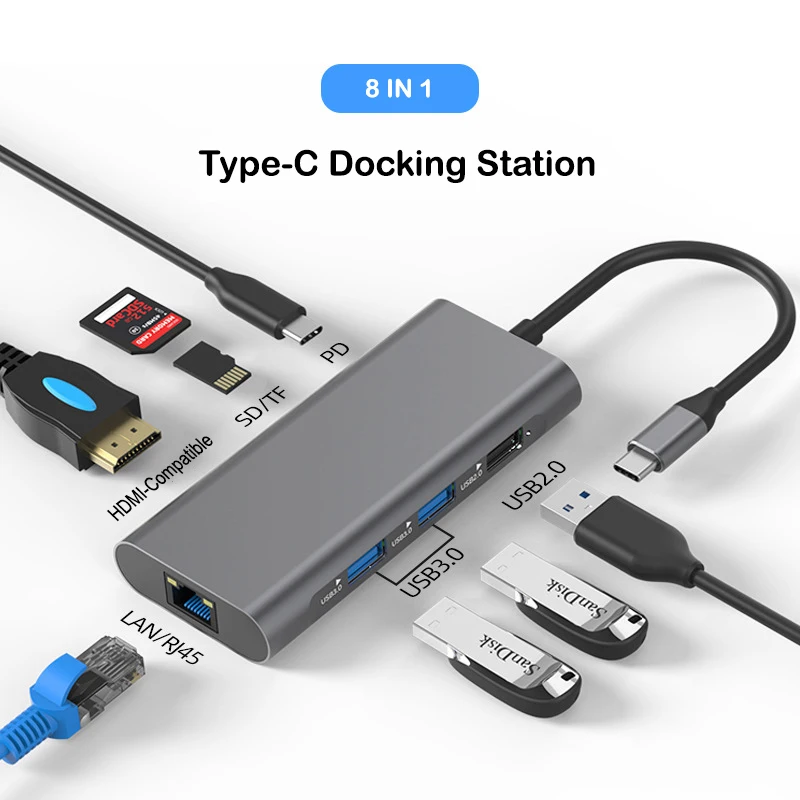 KU03 8 IN 1 4K Hub USB C To HDMI-Compatible Adapter OTG PD Vga RJ45 Lan Multi Docking Station For Tv box Macbook air Dell Laptop