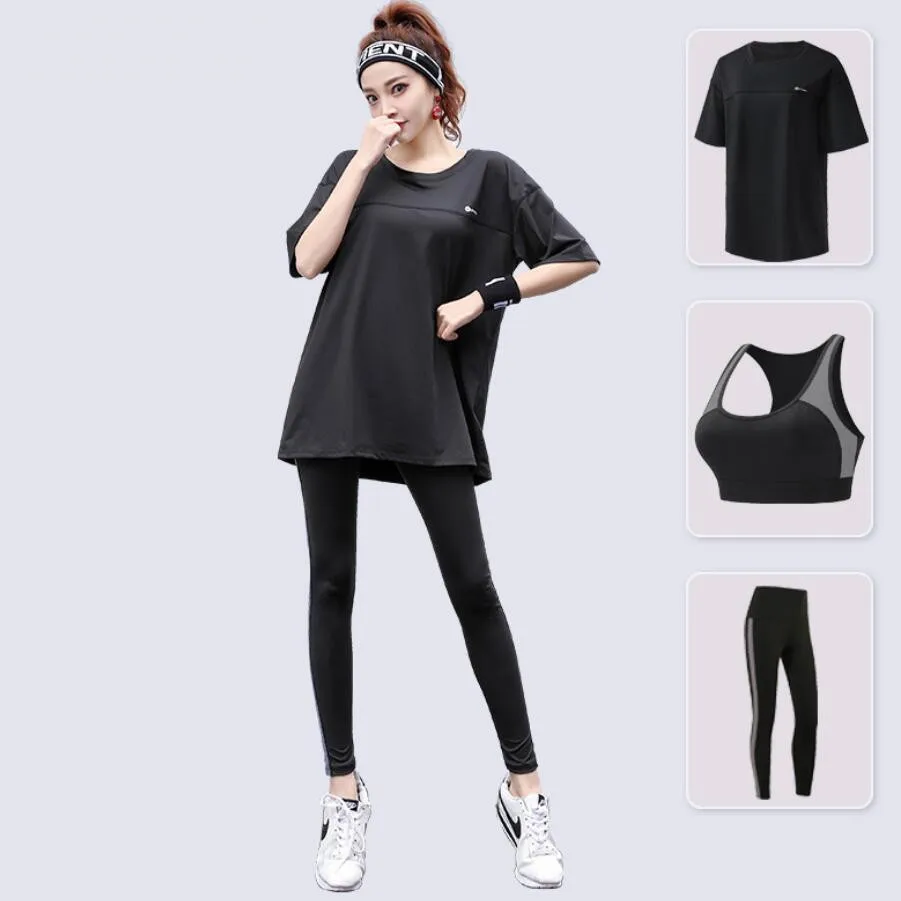 Women Yoga Sets Loose T Shirt+Bra+Long Leggings Quick Dry Fitness Gym Suits Workout Running Sportswear Clothing Breathable Sets