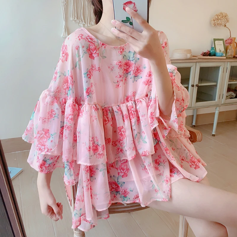 Women Summer Lolita Style Sweet Cute Floral Print Ruffles Korean Bohemian Casual Oversize Imitation Silk Chiffon Blouses