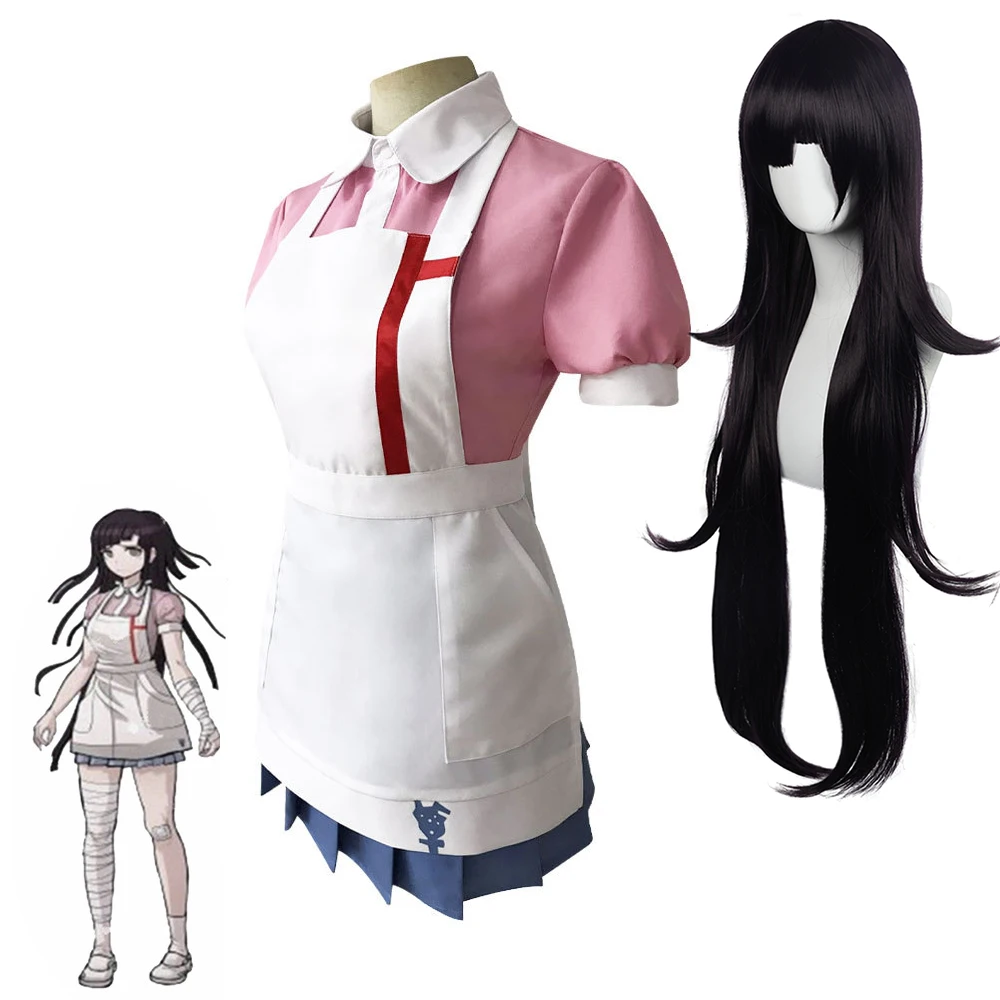 Mikan Tsumiki 코스프레 의상, Dangan Ronpa 2 여성 드레스, 할로윈 애니메이션 Danganronpa 셔츠 + 스커트 + 앞치마 가발 드레스-up C40K215