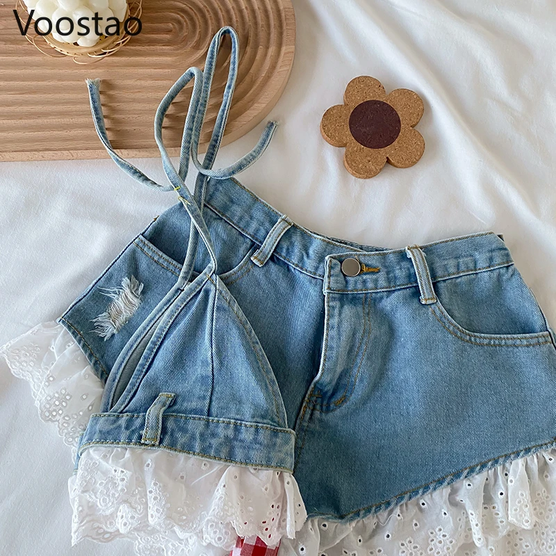 Conjuntos de shorts jeans estilo doce lolita para mulheres, bandagem sexy de renda, camisola, tops, jeans babados, calças curtas para meninas, 2 peças, verão