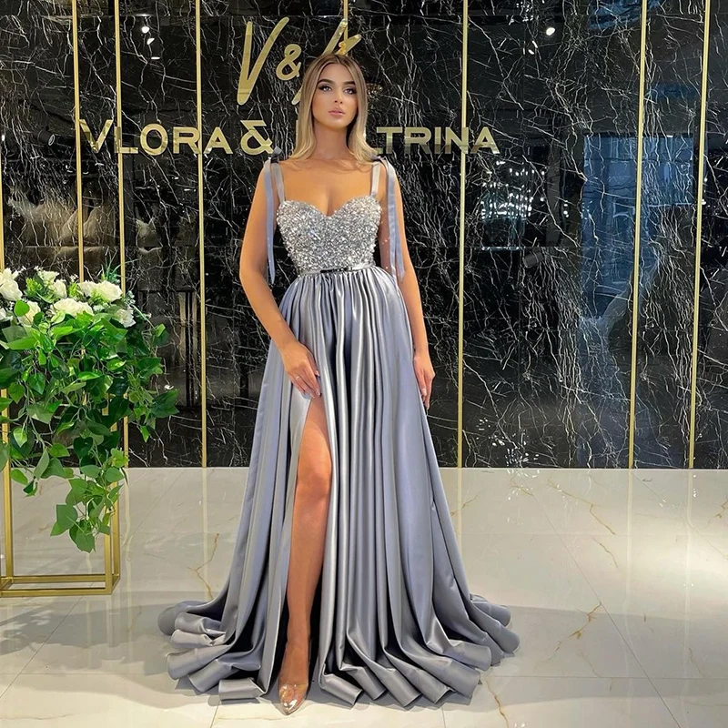 Spgahetti cintas cinza vestido de baile dividir uma linha roupões de cocktail grânulos cristal formal recepção festa vestidos tamanho personalizado