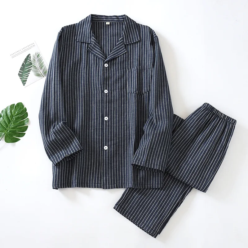 New Men's Vertical Striped Gauze Pajama Set Loose Comfortable Men Nightwear Long-sleeved Trouser Suit Elastic Waist Home Clothes