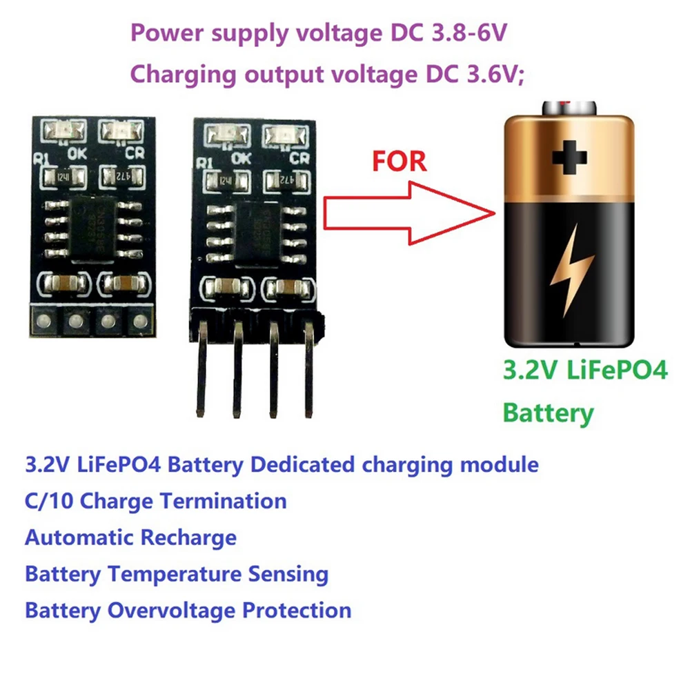 Battery Charger Module 3.2V LiFePO4 Charger Module 3.6V 1A CV/ CC With Over Voltage Protection Auto Charge Low Power Sleep Mode