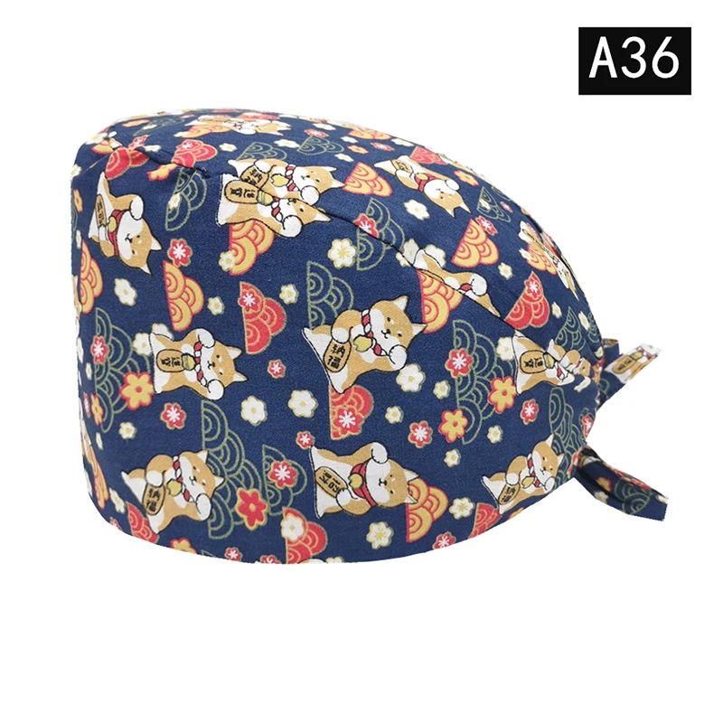 Gorro de trabajo de laboratorio de algodón Unisex, gorros con estampado de dibujos animados, ajustable, para enfermería, tienda de mascotas