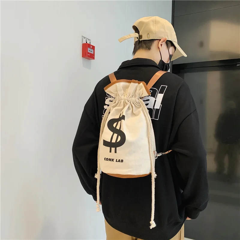 US Dollar Print Cotton Canvas Backpack 2023 Summer Popular Leisure Bag Men Women Backpack Lightweight String Foldable Backpack