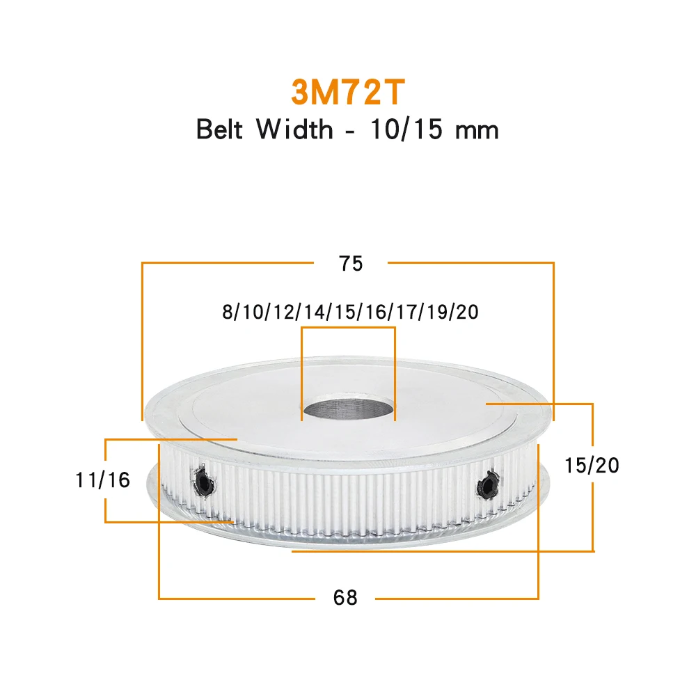3M-72T Timing Pulley Bore Size 8/10/12/14/15/16/17/19 mm electric Motor Pulley Alloy Material For Width 10/15 mm 3M Timing Belt