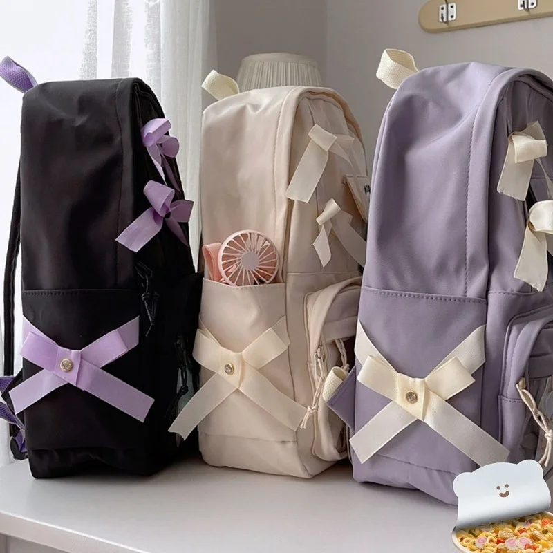 Backpacks Students Bow Sweet Women Girls School Bag Book Harajuku Big Capacity Purple Travel Rucksack Teens Fashion Water-proof