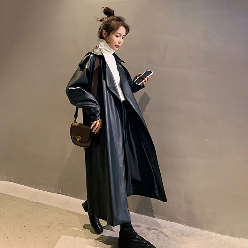 

Women's Winter Jacket Overcoat Black Oversized PU Leather Jackets Coat Locomotives Spring Autumn Women Long Korean Jacket Coats