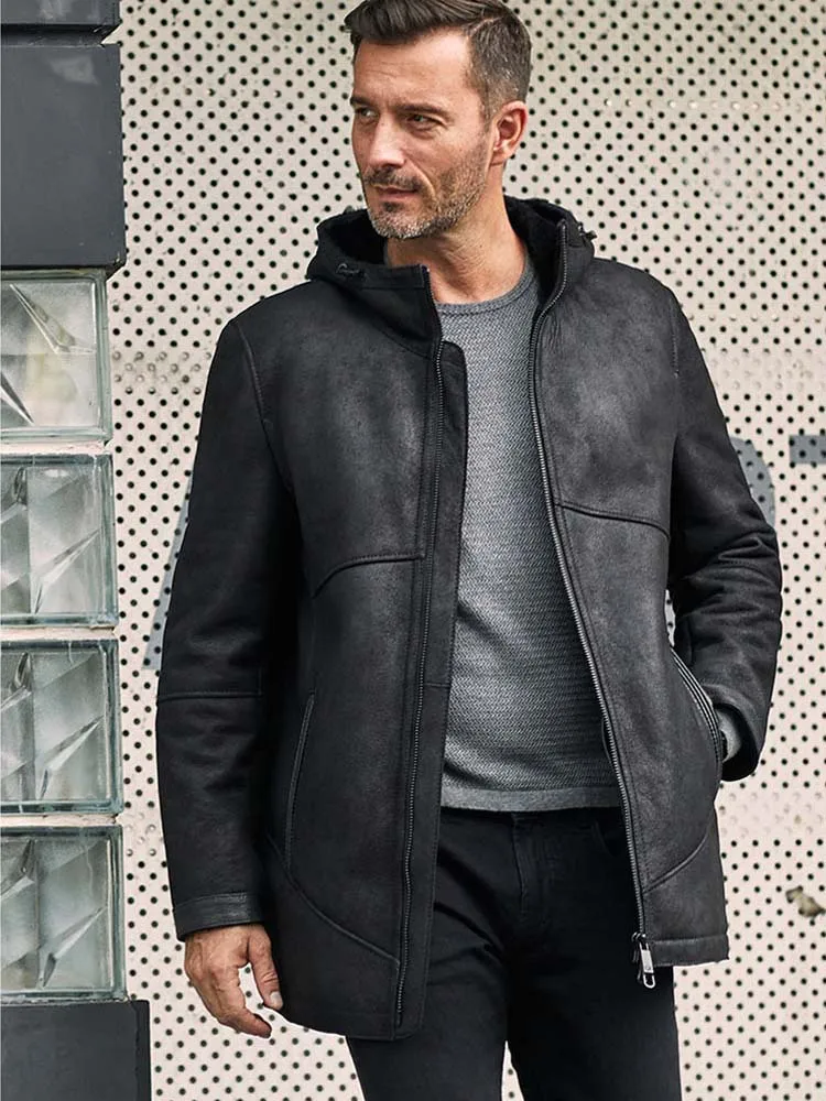 New Mens Sheepskin Shearling Jacket Long Fur Coat Black Leather Overcoat Casual Warm Winter Outwear