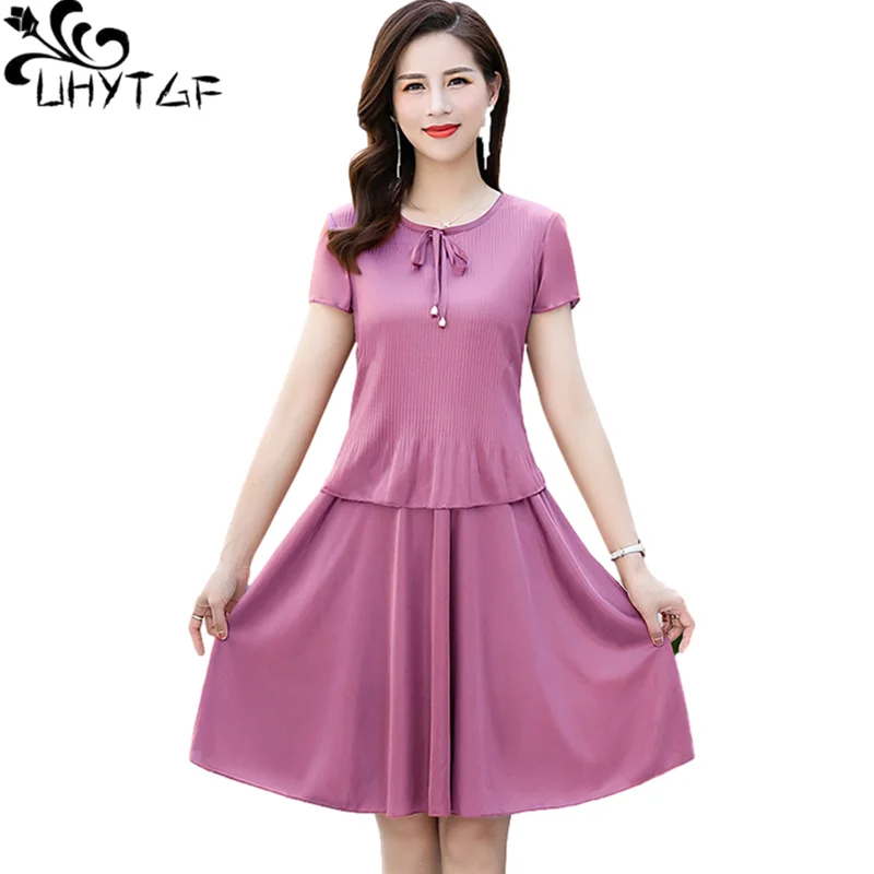 UHYTGF Summer Dress Women's Fashion Fake Two Short-Sleeved Pullover Elegant Female Dresses Loose Thin 5XL Big Size Dress 1355