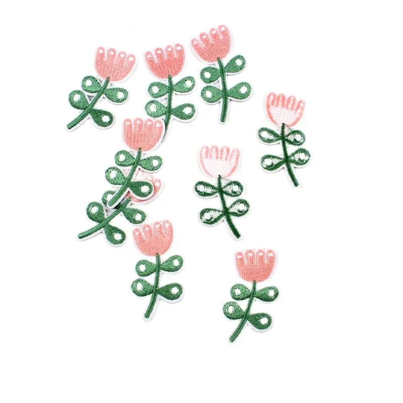 10pcs Iron On Tulip Flower Patches DIY Cartoon Stickers Sewing Jeans Bags Hats Coats T Shirts Dress Fabric Appliques Badge