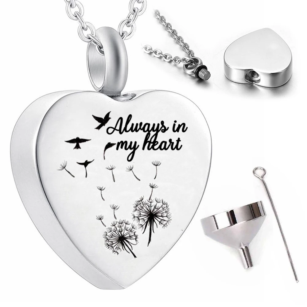 Dandelion pendant necklace souvenir jewelry bird heart-shaped ashes urn cremation jewelry-Always in my heart