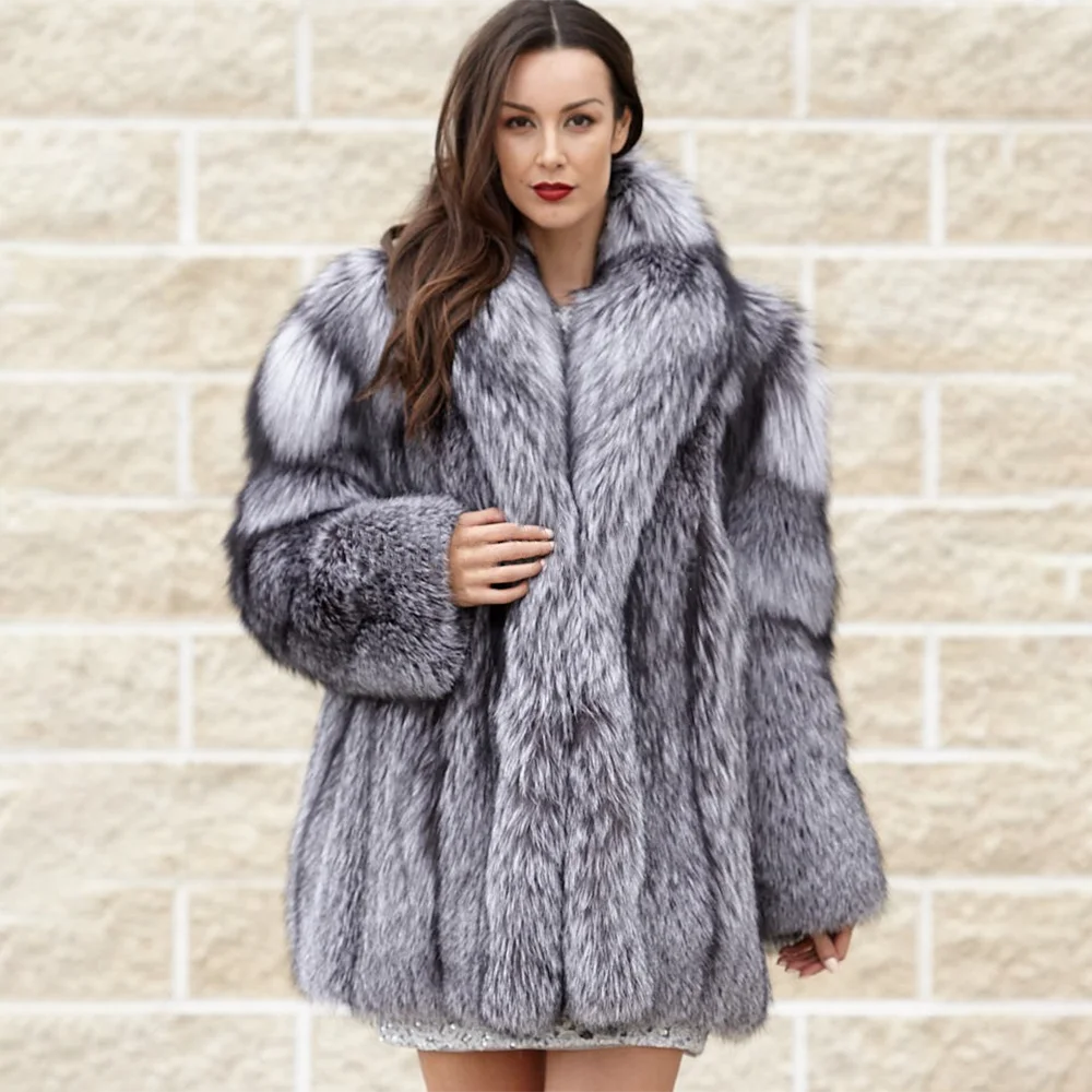 TOPFUR Natural Silver Fox Fur Coat Women Winter New Luxury Hairy Fur Outertwear 2022 Long Sleeve Fur Collar Jacket Female