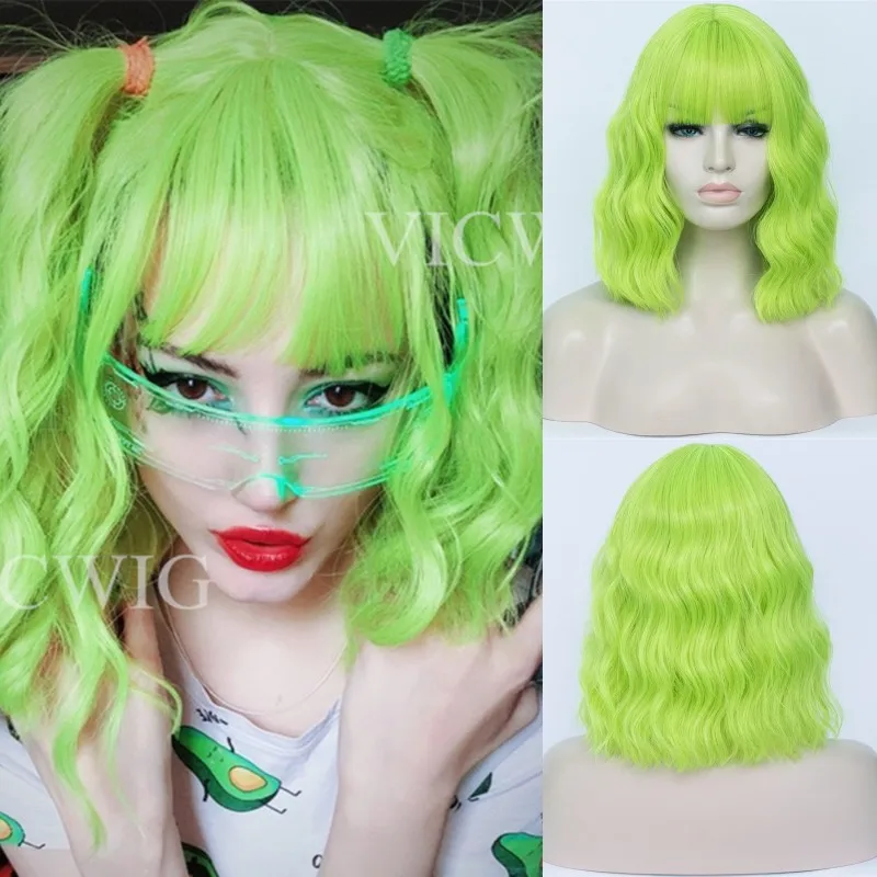 VICWIG Cosplay Wigs for Women Bobo Green Red Blue Purple Orange Black Pink Wig Short Curly Synthetic Wig With Bangs