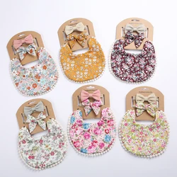 3Pcs/Set Baby Bibs&Headbands Kid Tassel Saliva Towel Floral Print Double Side Boys Girls Bandana Burp Cloths Feeding Smock Stuff