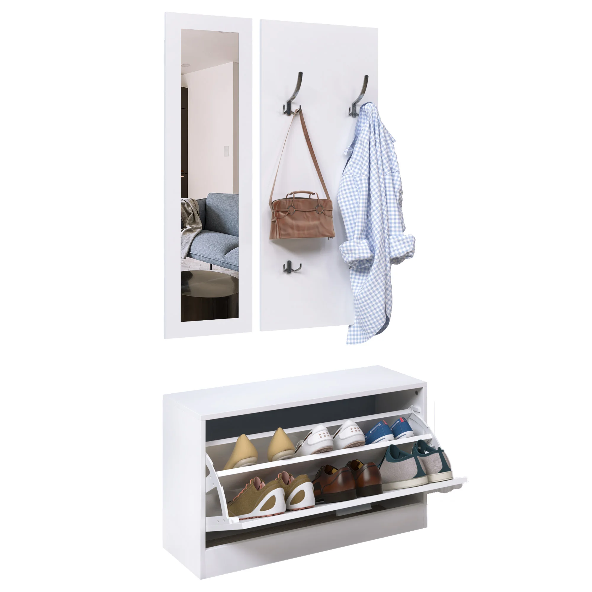 HOMCOM 3 en 1 Juego de Muebles de Entrada con Zapatero Espejo y Perchero Pasillo