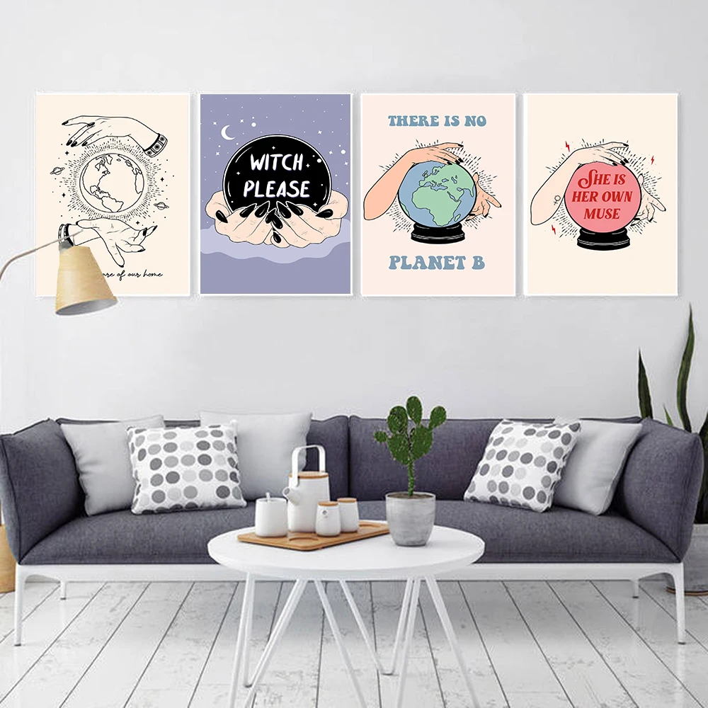 Bohemian Witch Celestial Body Star Moon Sun Goddess Poster Save the Earth Nordic Muse Feminism Canvas Painting Home Decoration