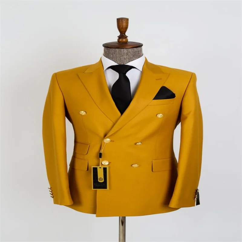 Men\'s Gold Metal Double Button Formal Coat and Pant Suits High Quality Handsome Spring Wedding Sets 2 Pcs Customized