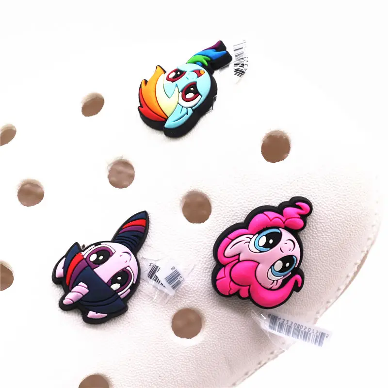 Drop Shipping Cartoon Shoe Charms Accessories Pink Blue Purple Cute Horse PVC Sandals Buckle Decoration fit Party Kids Gifts