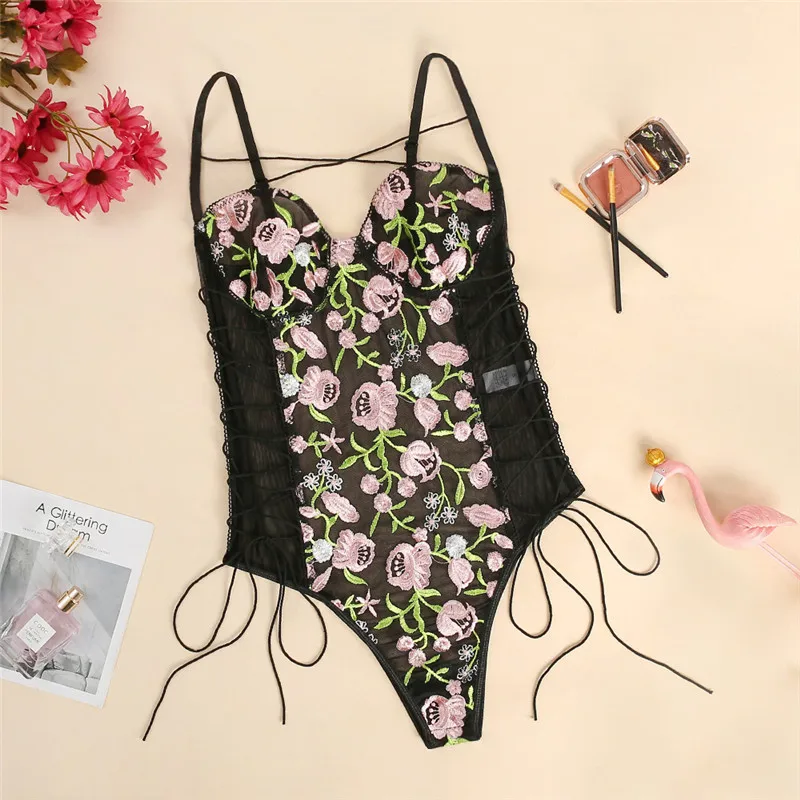 Sexy Lingerie women set Floral Embroidery Sheer Mesh One Piece Lingerie Set no bra Backless Bralette sexi Intimates lace