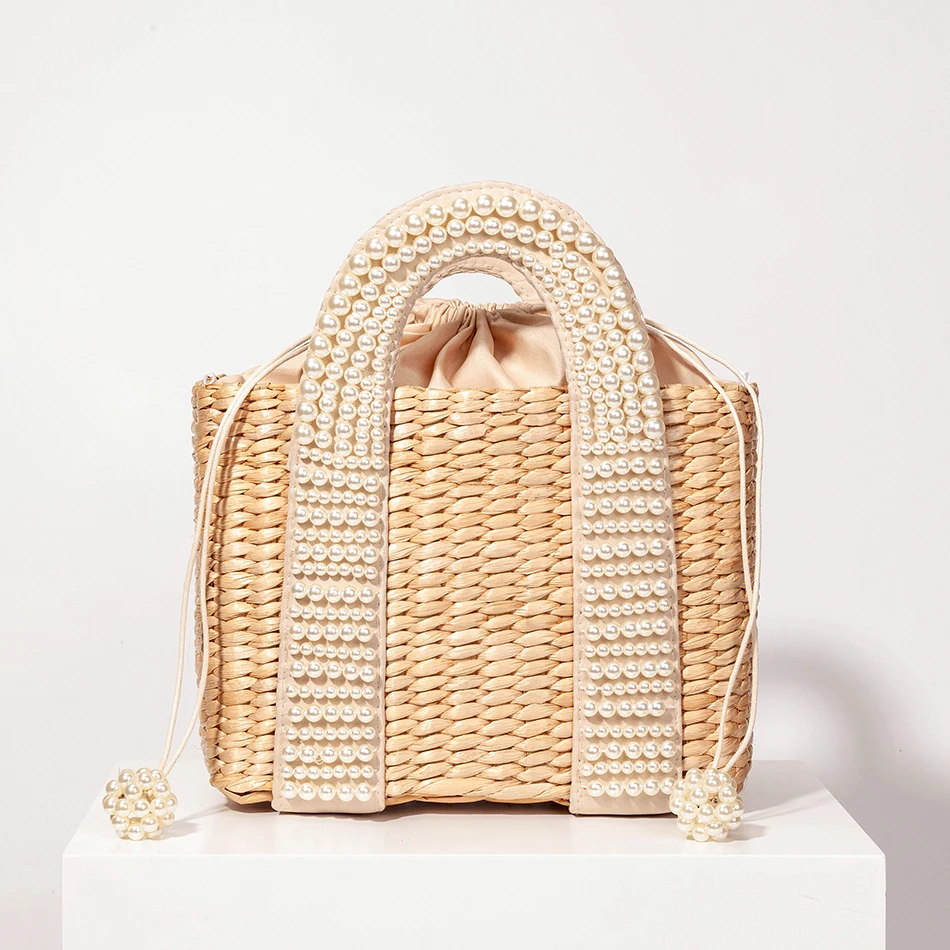 Pearls Beach Bag Women Summer New Elegant Woven Beaded Straw Bag Female Bohemia Knitted Large Tote Handbag Vacation Casual