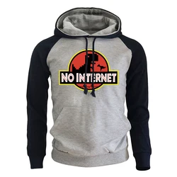 NO INTERNET Cartoon Dinosaur Game Hoodies, Hip Hop Printed Winter Hooded Raglan Sweatershirts for Male T-rex Park Tops for Men