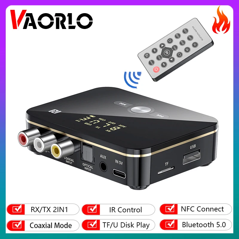 NFC 블루투스 5.0 송신기 수신기 3.5mm RCA 광 동축 TF/U 디스크 재생/IR 제어 LED 무선 오디오 어댑터 TV PC 용