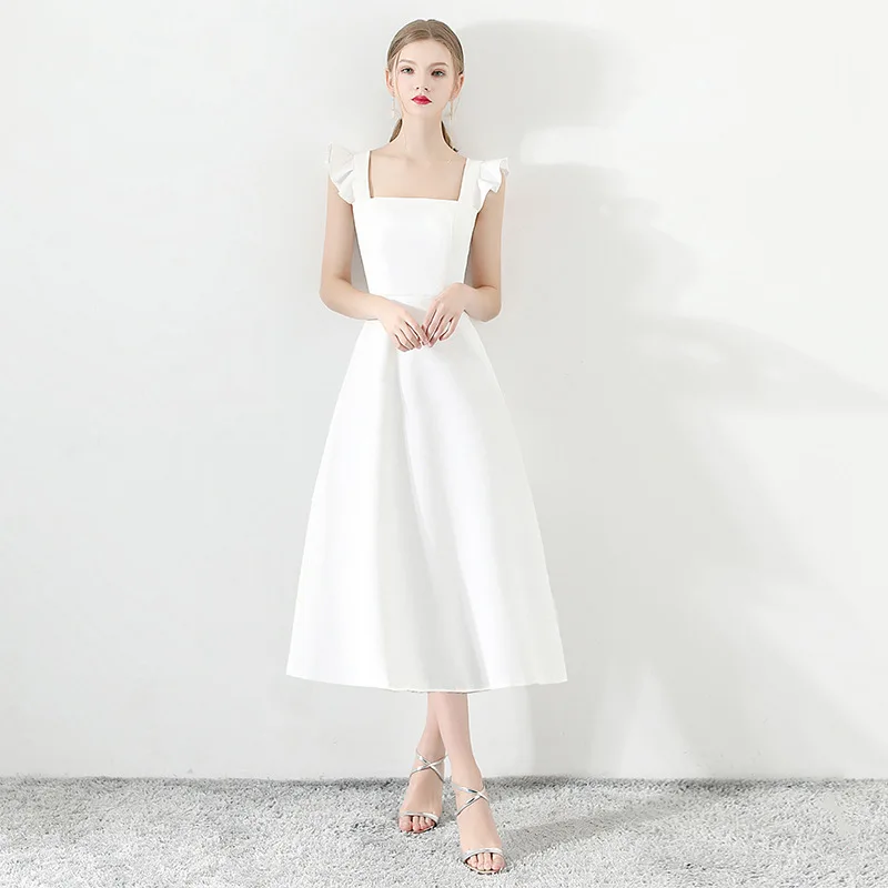 Korean Style Slash Neck Sleeveless Formal Dress Women Elegant Ruffles Tank Sleeve Satin White Evening Dress 2 Colors Available