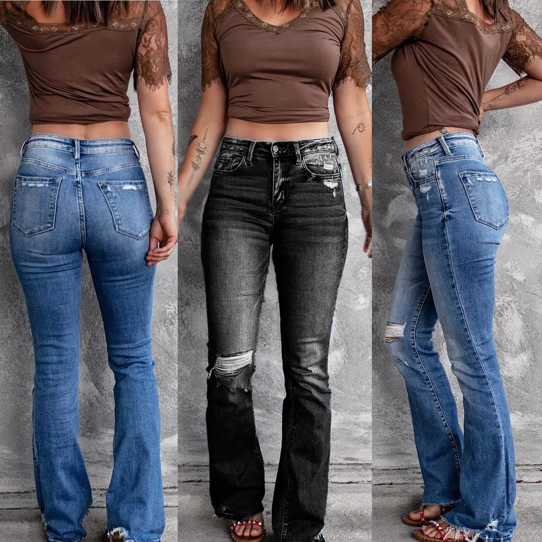 

2022 Spring New High Waist Vintage Ripped Bootcut Jeans For Women Street Casual Stretch Slim Denim Flared Pants S-2XL Drop Ship