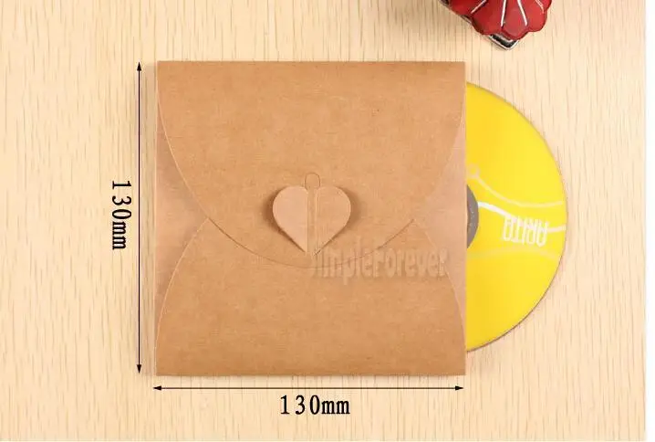 50pcs 13cm*13cm Heart Blank Kraft Paper Party CD DVD Sleeve Packaging Packing Box for 3 CDs Envelopes Holder Case Pack Bag