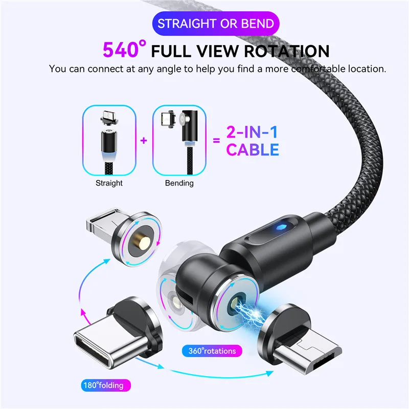 USLION 540 Rotate Magnetic Cable Micro USB Type C Charger LED Cable USB C PVC Cable For iPhone 12 11 Pro XS Max Samsung Xiaomi