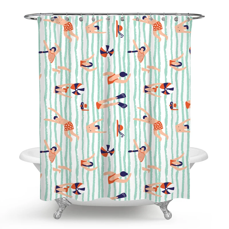 Swimming Theme Shower Curtain Cartoon Printing Partition Hanging Water Resistance Fabric for Bath Home Bathroom Decor