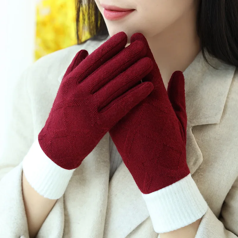 Elegant Women Winter Imitate Cashmere Keep Warm Plus Velvet Thicken Touch Screen Lattice Cycling Drive Knitting Mittens Gloves