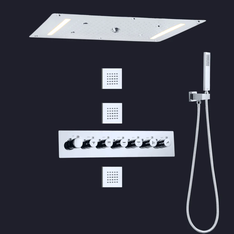 

Chrome Thermostatic Rainfall Shower Head 700X380 MM LED Bathroom Waterfall Atomizing