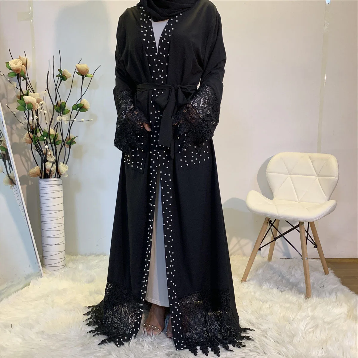 

Great Quality Big Swing Beading Muslim Robes Dress Muslim Cardigan Abaya Peignoir Islamic Abaya Prayer Service Clothing F1741