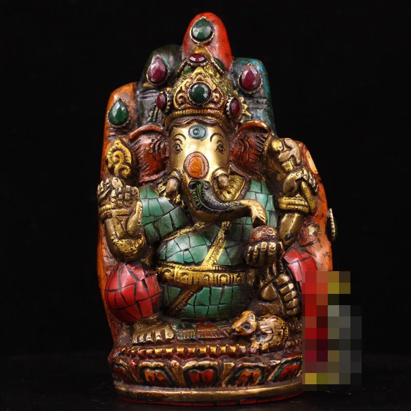 Nepal Craftsmanship Pure Copper Painted Inlaid Turquoise Bergamot Elephant Trunk God of Wealth Ornaments Lucky God Statue Home