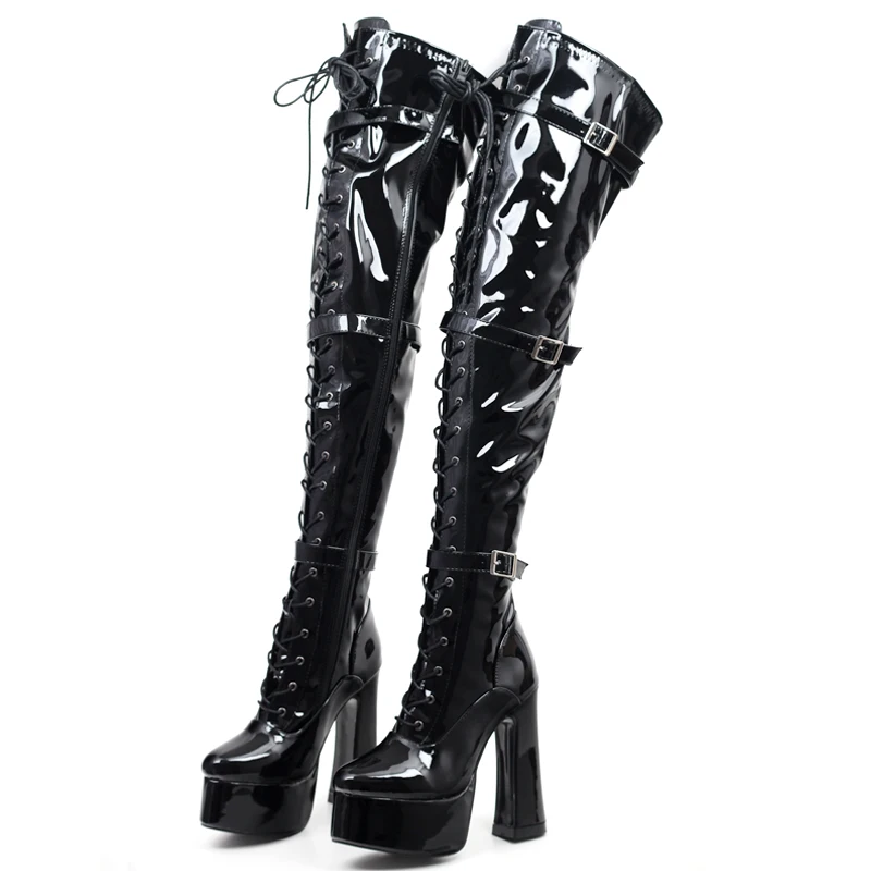 JIALUOWEI Gothic Women Lace Up Platform High Block Heel Punk Combat Thigh High Riding Boots