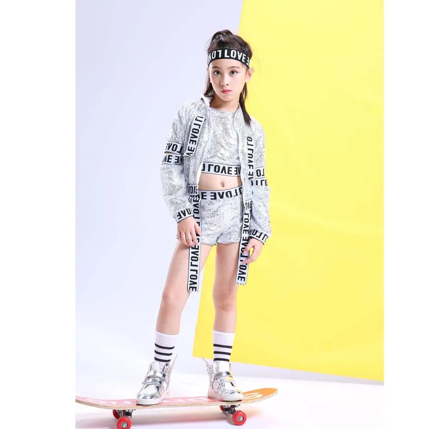 Children Perform Fashion Sequins Jazz Dance Costumes Girl Long Sleeve Hiphop Street Dance Clothing Exposed Navel Vest Suit