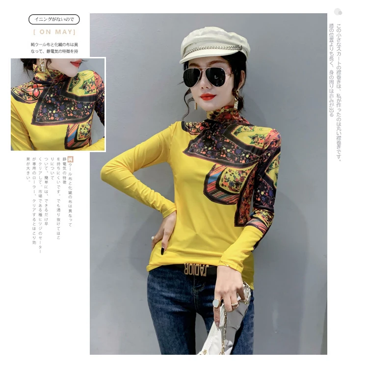 MadBlack Korean Clothes Lady Mesh T-Shirt Chic Turtleneck Print Women Tops Long Sleeve Fleece Bottoming Shirt 2022 Tees T1D029A