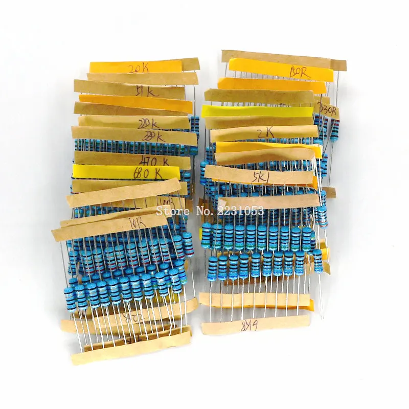 300PCS 1% 1W Metal Film Resistor Assorted Kit 30Values*10pcs=300pcs 10 Ohm ~1M Ohm 10R-1MR