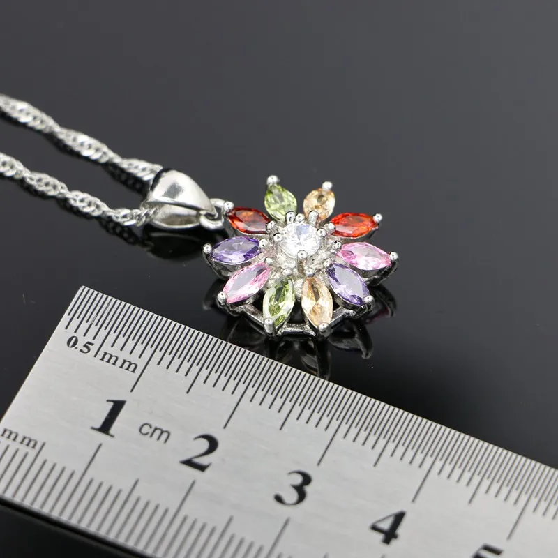 Silver 925 Flower Pendant Necklace for Women Multicolor Cubic Zirconia White Crystal Wedding Accessories