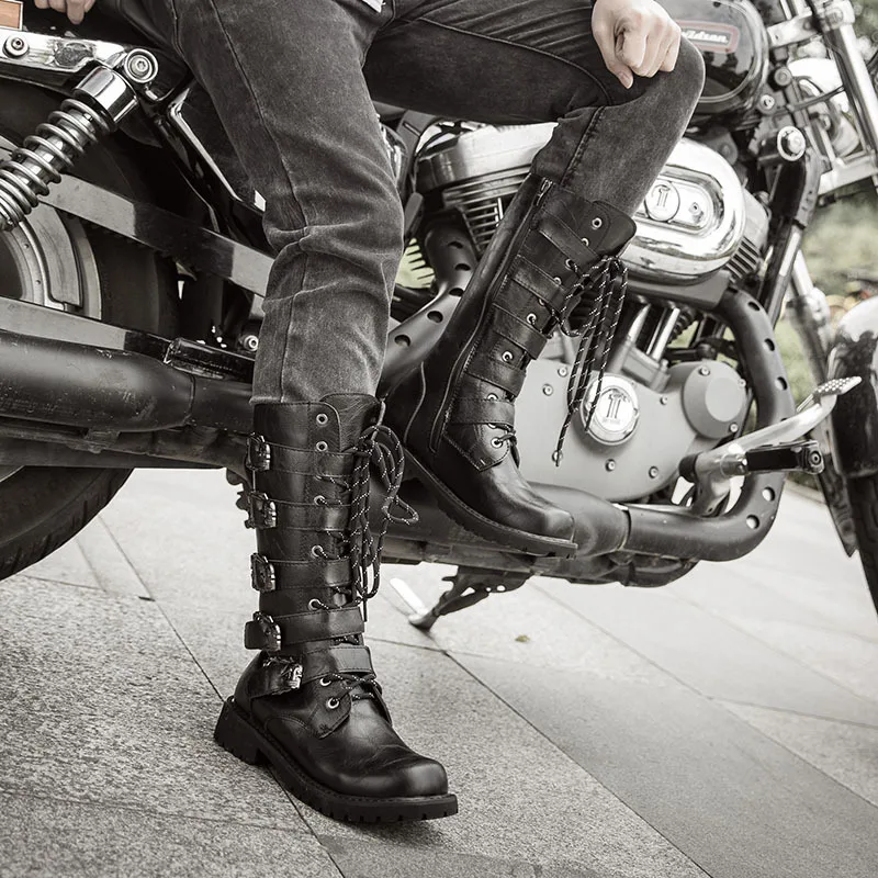 Large Size 38-46 Men's PU Leather Motorcycle Boots Mid-calf Breathable Combat Boots Gothic Belt Punk Boots Men Rock Punk Shoes