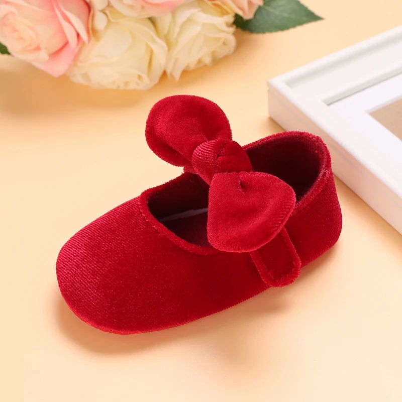 0-18M Neugeborenen Baby Mädchen Schuhe Samt Rot Weihnachten 0-18M Prinzessin Mädchen Baby Schuhe bogen Erste Wanderer – Detail 4