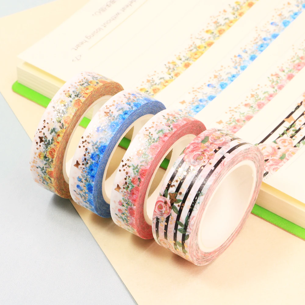 สีน้ำ Rose Gold Washi เทปฟอยล์ดอกไม้ตกแต่งกาวเทป Decora Diy Scrapbooking สติกเกอร์ป้าย