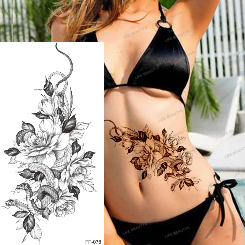 1Pc Schwarz Blume Kunst Körper Wasserdicht Temporäre Tattoos Frauen Kühlen Schlange Schönheit Sexy Rose-Flash Gefälschte Mode Arm Hülse aufkleber