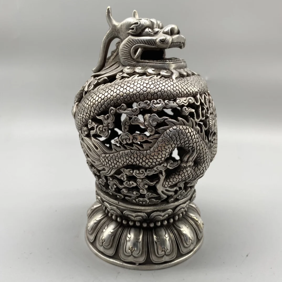 

CHINA BRASS White copper COLLECTABLE CARVED DRAGON INCENSE BURNER metal crafts Home decoration